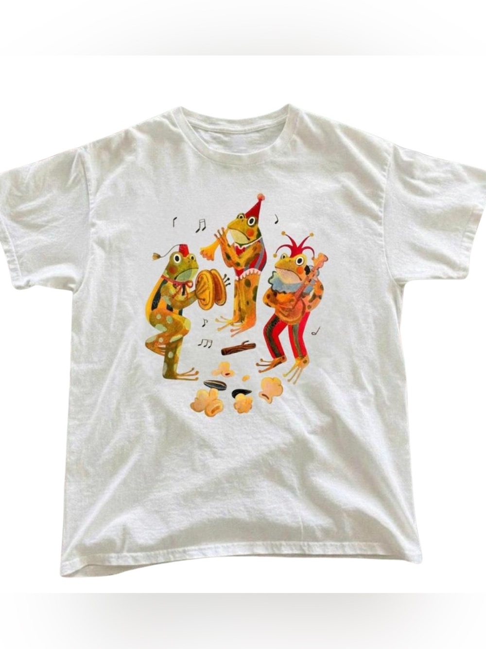 Vintage Colorful Frog Band Illustration Shirt, White Gildan Frog Graphic Tee